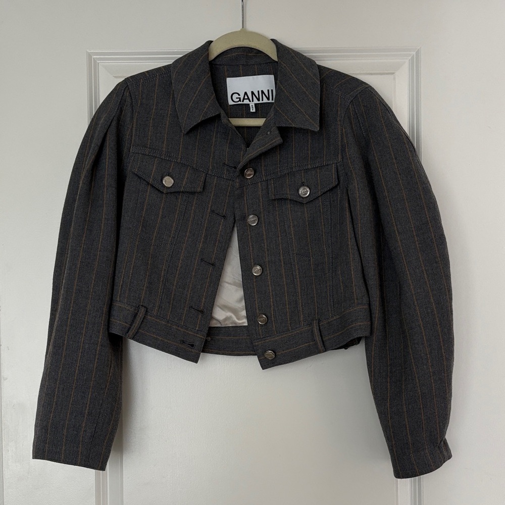Ganni Women's Dark Gray Striped Jean Jacket